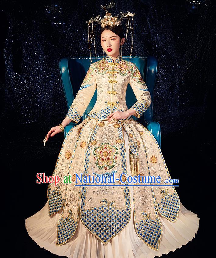 Chinese Ancient Wedding Embroidered Diamante Peony Golden Blouse and Dress Traditional Bride Xiu He Suit Costumes for Women