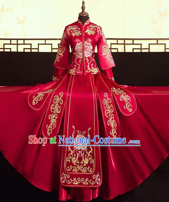 Chinese Ancient Bride Embroidered Peony Blouse and Dress Diamante Xiu He Suit Wedding Costumes Traditional Red Bottom Drawer for Women