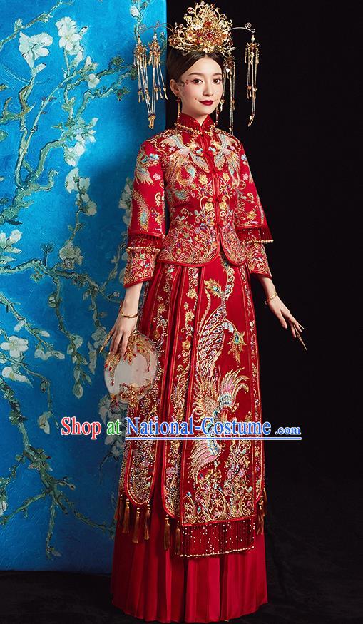 Chinese Ancient Bride Embroidered Phoenix Blouse and Dress Diamante Xiu He Suit Wedding Costumes Traditional Red Bottom Drawer for Women