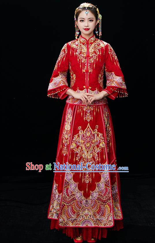 Chinese Ancient Bride Embroidered Blouse and Dress Diamante Xiu He Suit Wedding Costumes Traditional Red Bottom Drawer for Women