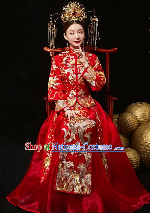 Chinese Ancient Bride Embroidered Carps Red Blouse and Dress Diamante Traditional Xiu He Suit Wedding Costumes for Women