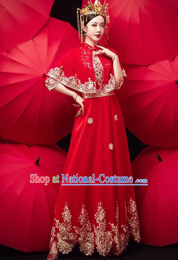 Chinese Ancient Bride Embroidered Red Veil Blouse and Dress Traditional Xiu He Suit Wedding Costumes for Women