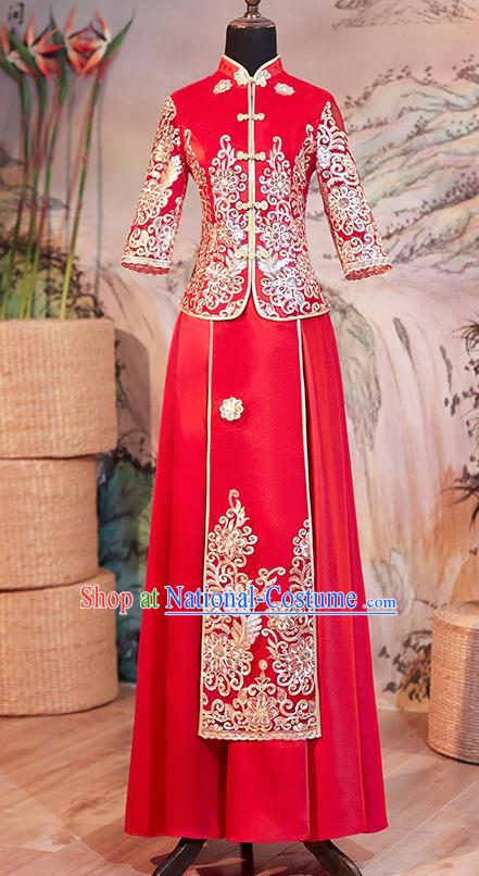 Chinese Ancient Bride Embroidered Red Blouse and Dress Traditional Xiu He Suit Wedding Costumes for Women