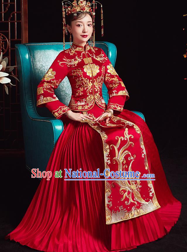 Chinese Ancient Bride Embroidered Phoenix Red Dress Traditional Xiu He Suit Wedding Costumes for Women