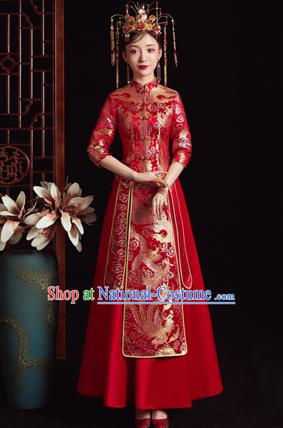 Chinese Ancient Bride Embroidered Dragon Phoenix Red Dress Traditional Xiu He Suit Wedding Costumes for Women