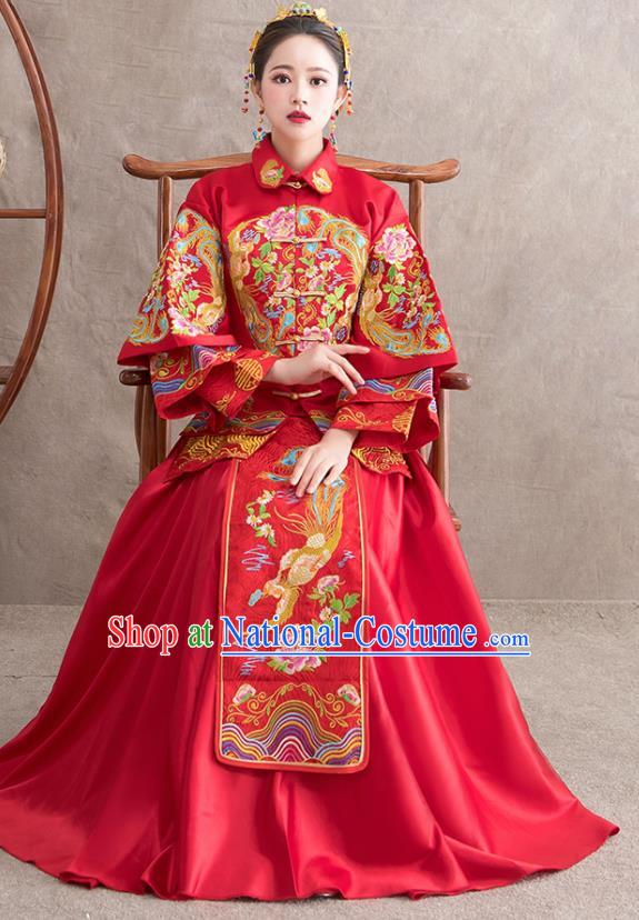 Chinese Ancient Bride Embroidered Phoenix Peony Red Dress Traditional Xiu He Suit Wedding Costumes for Women