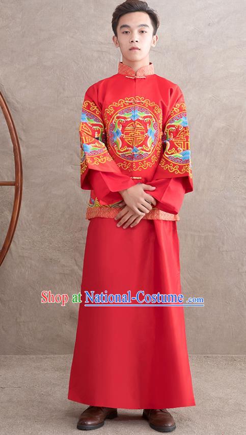 Chinese Ancient Bridegroom Embroidered Peony Red Mandarin Jacket and Gown Traditional Wedding Tang Suit Costumes for Men