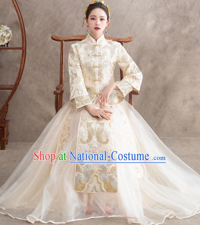 Chinese Ancient Bride Embroidered Carps White Dress Traditional Xiu He Suit Wedding Costumes for Women