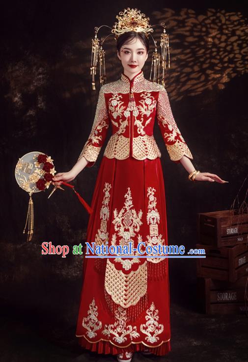 Chinese Ancient Bride Embroidered Diamante Red Xiu He Suit Wedding Costumes Blouse and Dress Traditional Bottom Drawer for Women