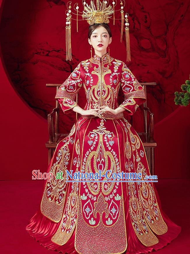 Chinese Ancient Bride Embroidered Red Blouse and Dress Traditional Red Xiu He Suit Wedding Costumes for Women