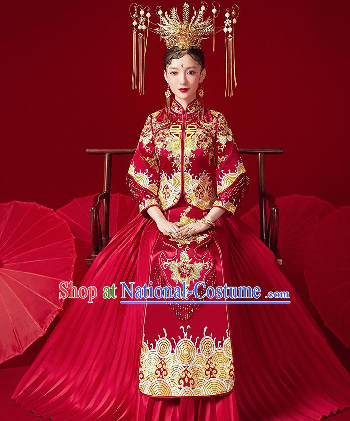 Chinese Ancient Bride Embroidered Peony Red Blouse and Dress Traditional Red Xiu He Suit Wedding Costumes for Women