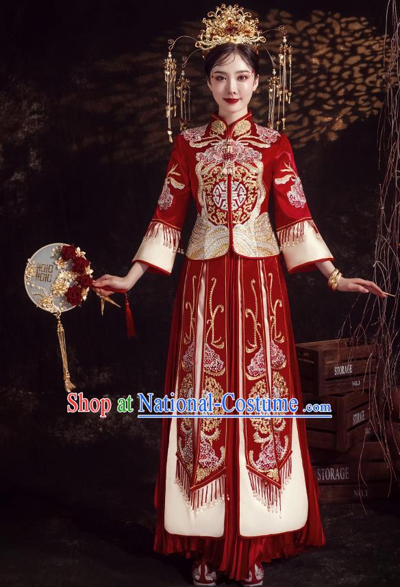 Chinese Ancient Bride Embroidered Diamante Peony Red Xiu He Suit Wedding Costumes Blouse and Dress Traditional Bottom Drawer for Women