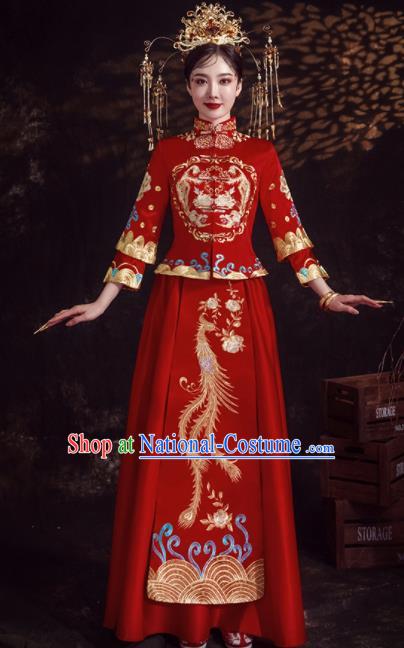 Chinese Ancient Bride Embroidered Phoenix Peony Red Xiu He Suit Wedding Costumes Blouse and Dress Traditional Bottom Drawer for Women