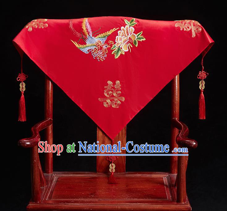 Chinese Ancient Bride Embroidered Phoenix Peony Red Veil Cover Traditional Wedding Headdress for Women