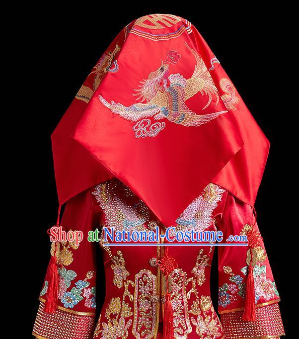 Chinese Ancient Bride Embroidered Dragon Phoenix Red Veil Cover Traditional Wedding Headdress for Women