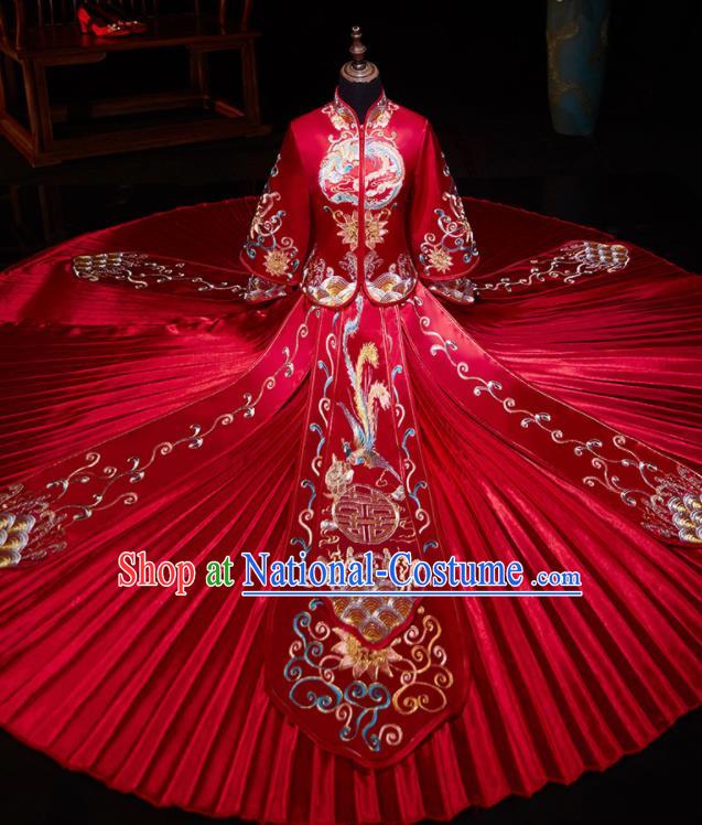 Chinese Ancient Bride Embroidered Phoenix Peony Red Blouse and Dress Traditional Red Xiu He Suit Wedding Costumes for Women