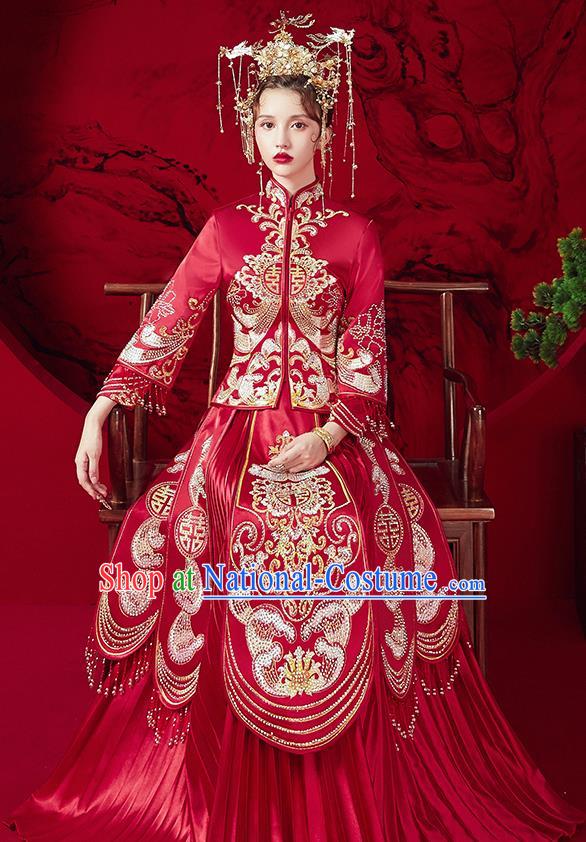 Chinese Ancient Embroidered Red Blouse and Dress Traditional Bride Red Xiu He Suit Wedding Costumes for Women