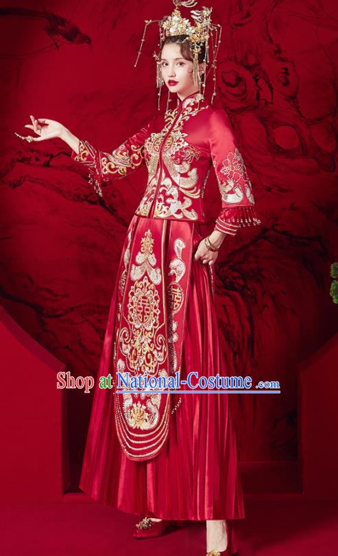 Chinese Ancient Embroidered Red Blouse and Dress Traditional Bride Red Xiu He Suit Wedding Costumes for Women