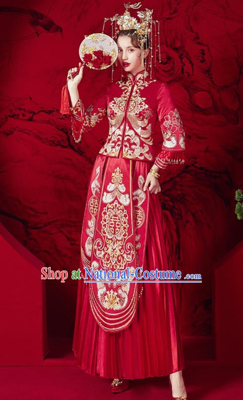 Chinese Ancient Embroidered Red Blouse and Dress Traditional Bride Red Xiu He Suit Wedding Costumes for Women