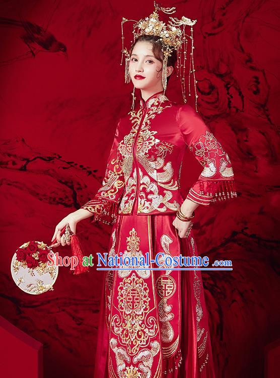 Chinese Ancient Embroidered Red Blouse and Dress Traditional Bride Red Xiu He Suit Wedding Costumes for Women