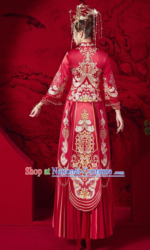 Chinese Ancient Embroidered Red Blouse and Dress Traditional Bride Red Xiu He Suit Wedding Costumes for Women