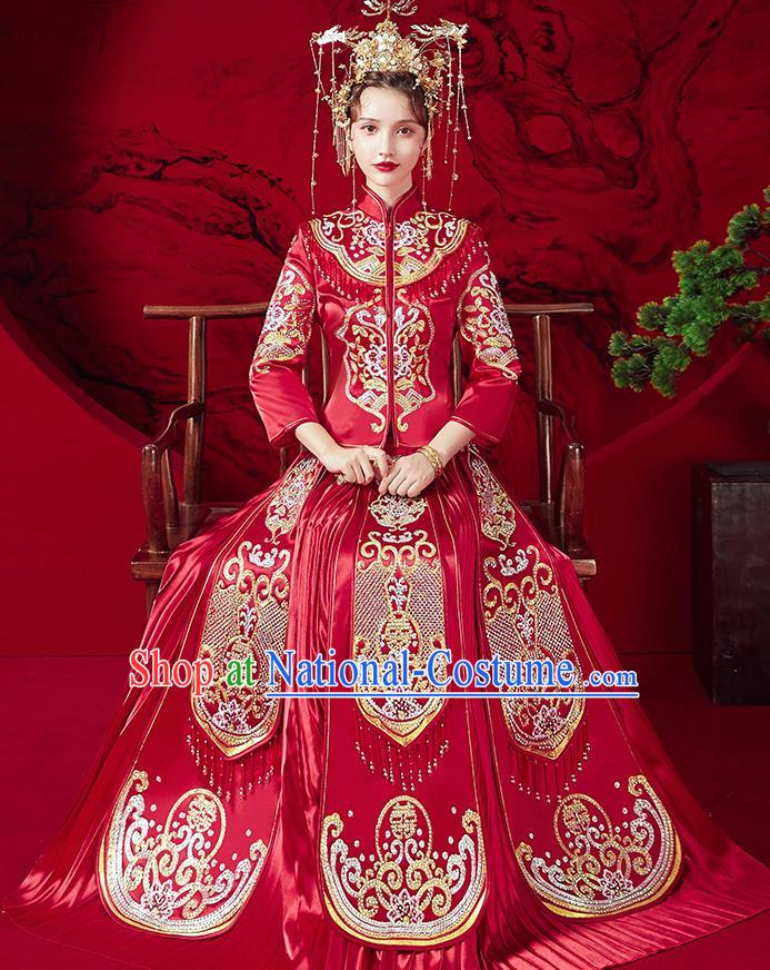 Chinese Ancient Embroidered Peony Red Blouse and Dress Traditional Bride Red Xiu He Suit Wedding Costumes for Women