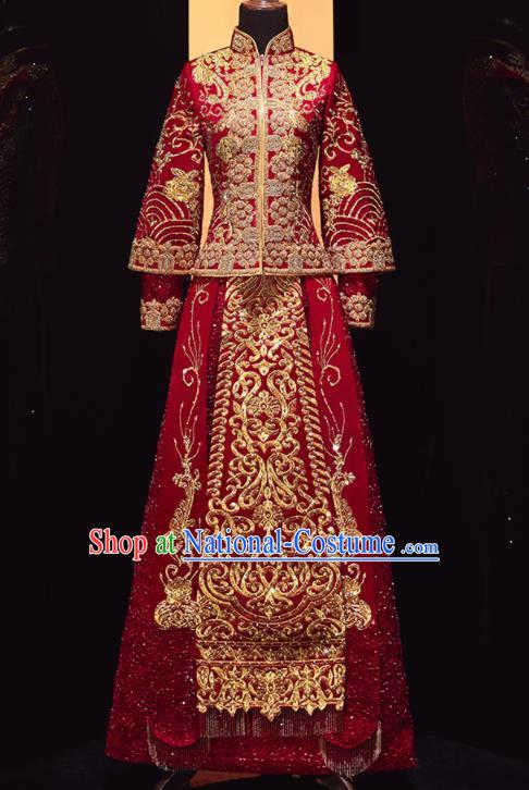 Chinese Traditional Drilling Red Xiu He Suit Wedding Embroidered Blouse and Dress Bottom Drawer Ancient Bride Costumes for Women