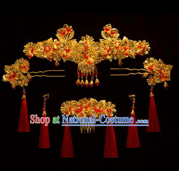 Chinese Ancient Bride Golden Hair Comb Hairpins Traditional Wedding Hair Accessories for Women