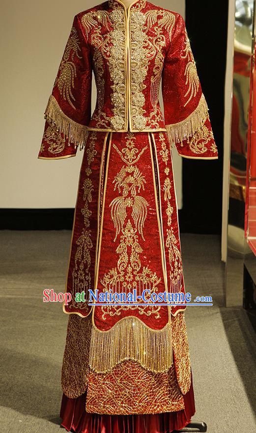 Chinese Ancient Wedding Embroidered Diamante Red Blouse and Dress Traditional Bride Xiu He Suit Costumes for Women