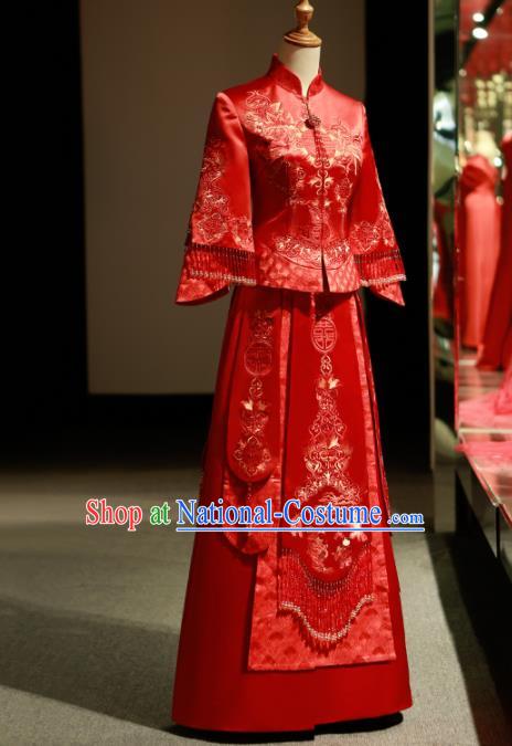 Chinese Ancient Wedding Embroidered Peony Red Blouse and Dress Traditional Bride Xiu He Suit Costumes for Women