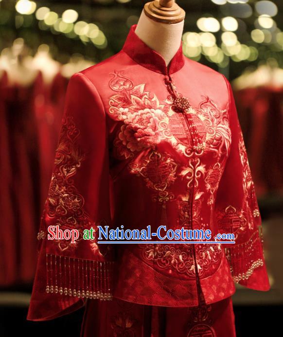 Chinese Ancient Wedding Embroidered Peony Red Blouse and Dress Traditional Bride Xiu He Suit Costumes for Women