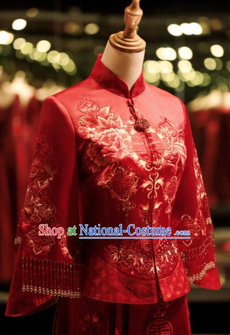 Chinese Ancient Wedding Embroidered Peony Red Blouse and Dress Traditional Bride Xiu He Suit Costumes for Women