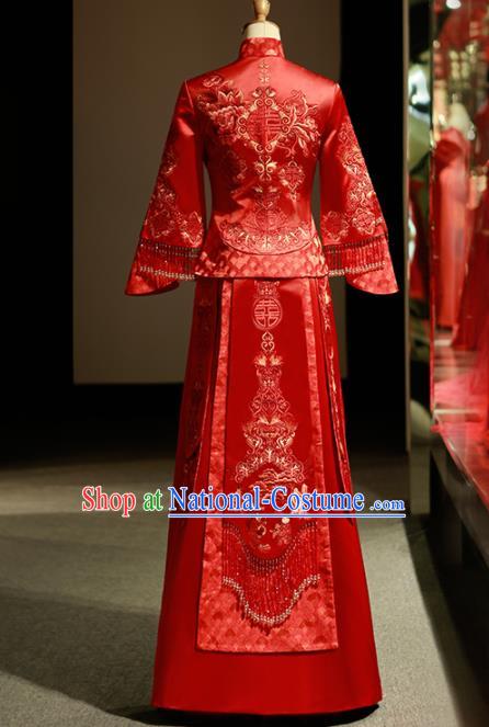 Chinese Ancient Wedding Embroidered Peony Red Blouse and Dress Traditional Bride Xiu He Suit Costumes for Women