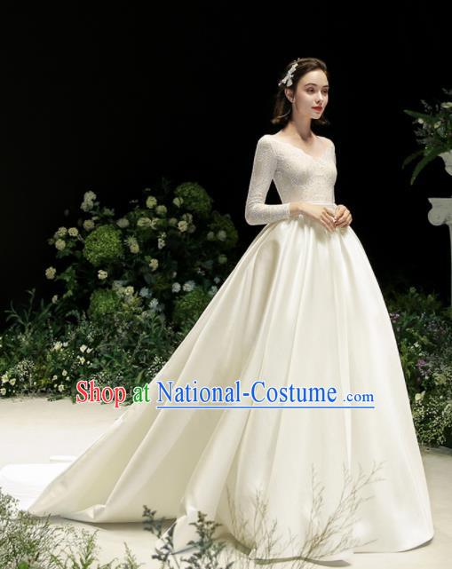 Custom Top Grade White Satin Wedding Dress Bride Trailing Full Dress for Women