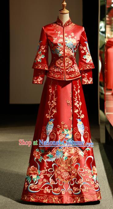 Chinese Ancient Wedding Embroidered Plum Birds Red Blouse and Dress Traditional Bride Xiu He Suit Costumes for Women