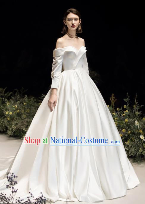 Custom Top Grade White Satin Off Shoulder Wedding Dress Bride Trailing Full Dress for Women