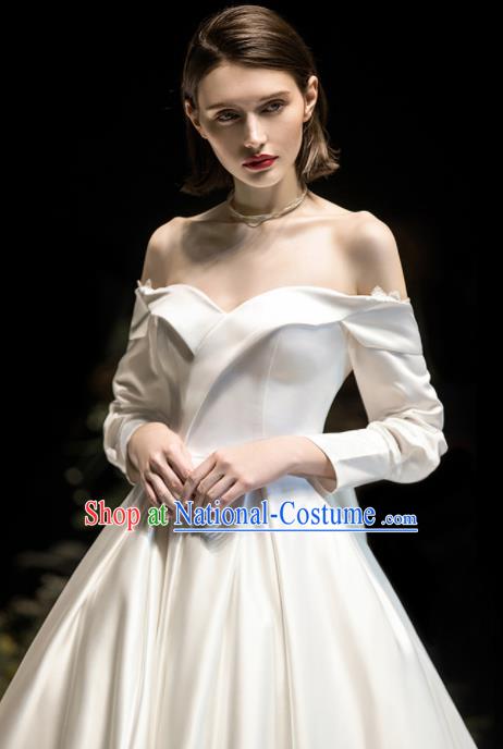 Custom Top Grade White Satin Off Shoulder Wedding Dress Bride Trailing Full Dress for Women