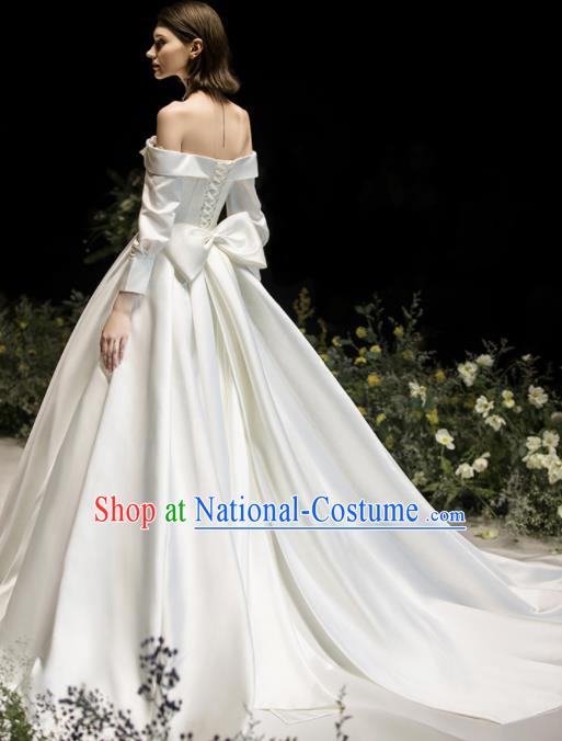 Custom Top Grade White Satin Off Shoulder Wedding Dress Bride Trailing Full Dress for Women