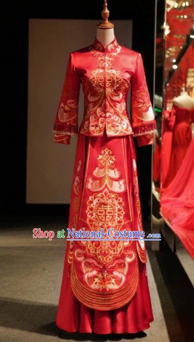 Chinese Ancient Embroidered Wedding Red Blouse and Dress Traditional Bride Xiu He Suit Costumes for Women