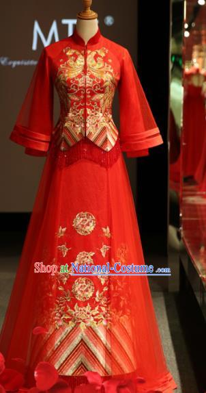 Chinese Ancient Embroidered Peony Wedding Red Blouse and Dress Traditional Bride Xiu He Suit Costumes for Women