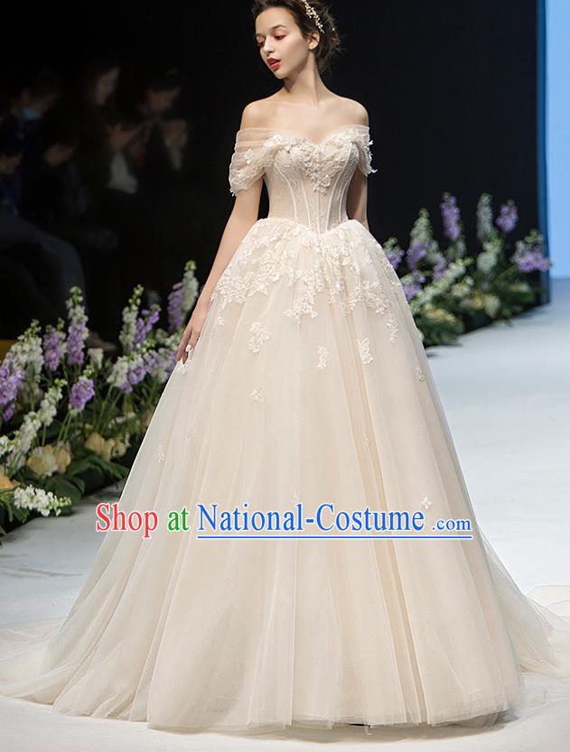 Custom Top Grade Off Shoulder Champagne Veil Wedding Dress Bride Full Dress for Women