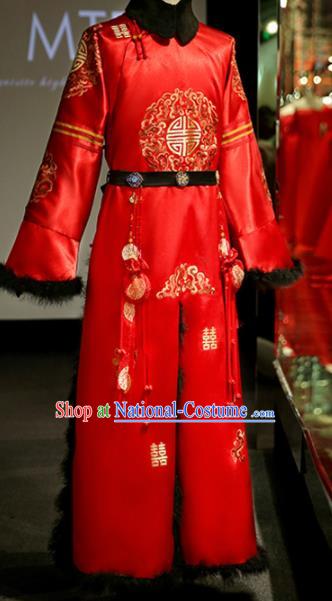 Chinese Ancient Bridegroom Embroidered Red Mandarin Gown Traditional Wedding Tang Suit Costumes for Men