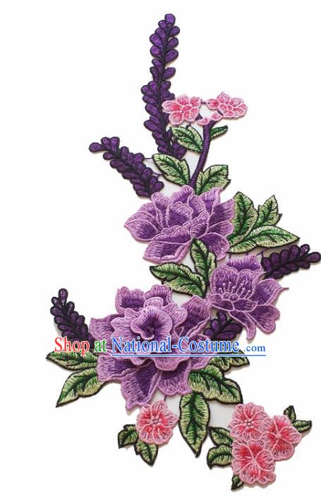 Chinese Traditional Embroidery Purple Peony Applique Embroidered Patches Embroidering Cloth Accessories