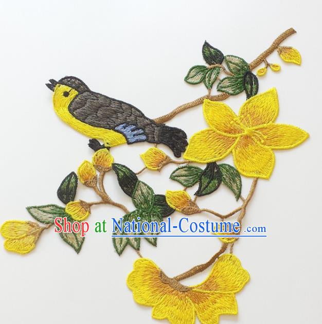 Chinese Traditional Embroidery Mangnolia Bird Yellow Applique Embroidered Patches Embroidering Cloth Accessories