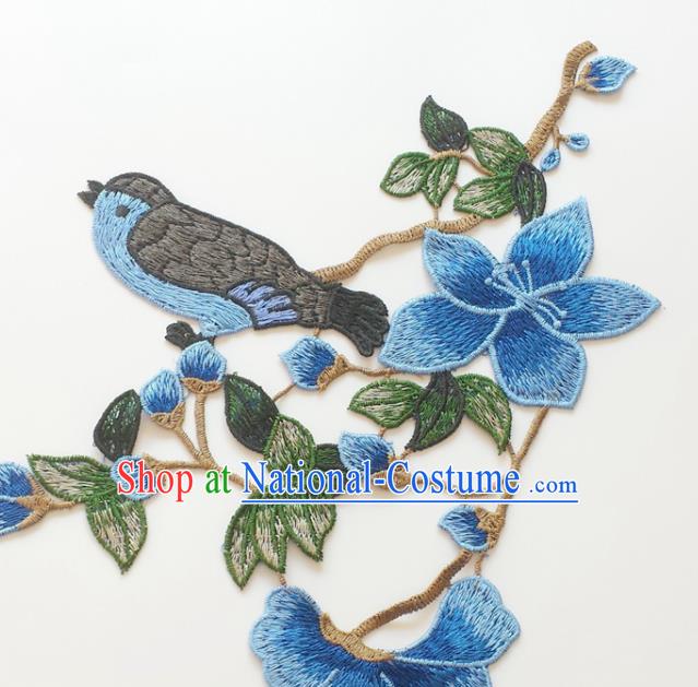 Chinese Traditional Embroidery Mangnolia Bird Blue Applique Embroidered Patches Embroidering Cloth Accessories