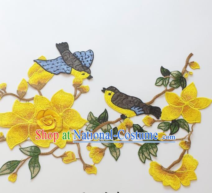 Chinese Traditional Embroidery Birds Yellow Mangnolia Applique Embroidered Patches Embroidering Cloth Accessories