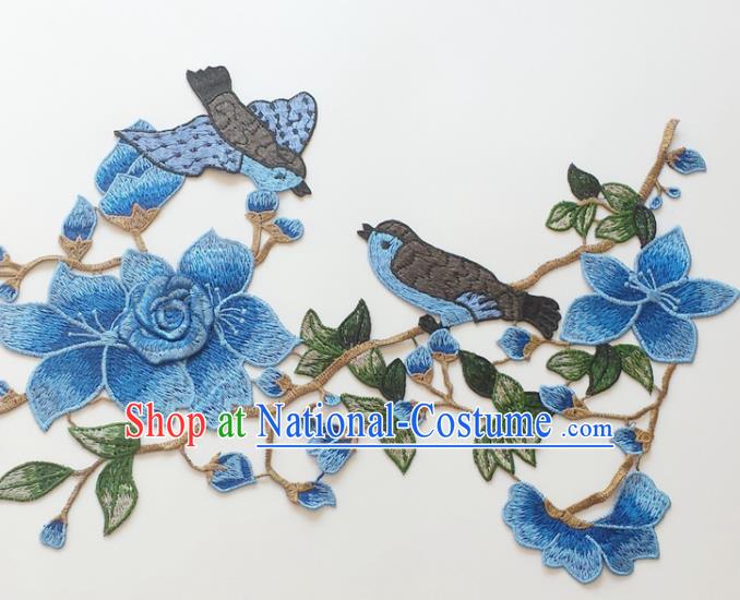 Chinese Traditional Embroidery Birds Blue Mangnolia Applique Embroidered Patches Embroidering Cloth Accessories