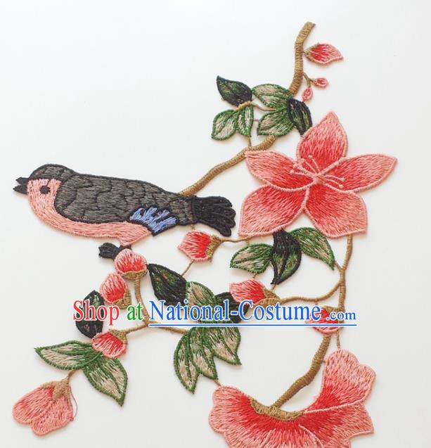 Chinese Traditional Embroidery Mangnolia Bird Pink Applique Embroidered Patches Embroidering Cloth Accessories