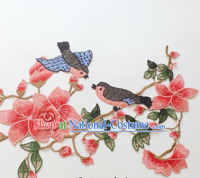 Chinese Traditional Embroidery Birds Pink Mangnolia Applique Embroidered Patches Embroidering Cloth Accessories