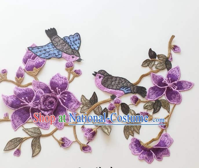 Chinese Traditional Embroidery Birds Purple Mangnolia Applique Embroidered Patches Embroidering Cloth Accessories